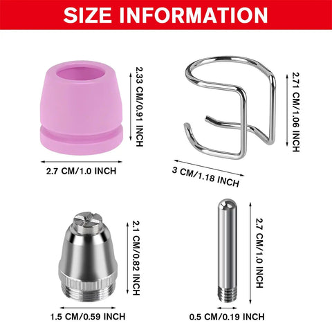 Pro Grade Plasma Cutter Consumables Kit With Cutting Tips And Nozzles, 50 Piece Set, displayed with size information.