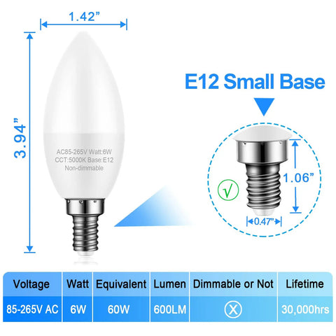 Diagram of 8 Pack E12 Ceiling Fan Light Bulbs 60W Equivalent LED Candelabra Bulbs Kickin Bright Daylight White 5000K Not Dimmable 120V