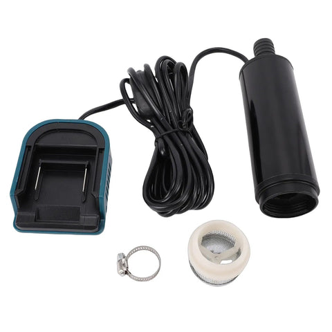 Cordless Battery Powered Submersible Sump Pump parts, including a charger, pump, hose, and sediment screen, for fast water removal.