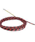 Pro Grade Fish Tape Wire Threader for Electricians, Flexible Spring Cable Puller Tool for Conduit Wiring, Manual Threading Device with Bright Color for Easy Visibility, Includes Gloves and Ties, Durable Steel Construction coiled red and black steel wire