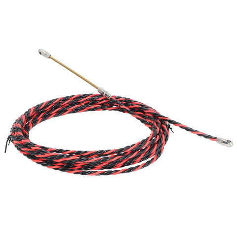 Pro Grade Fish Tape Wire Threader for Electricians, Flexible Spring Cable Puller Tool for Conduit Wiring, Manual Threading Device with Bright Color for Easy Visibility, Includes Gloves and Ties, Durable Steel Construction coiled red and black steel wire