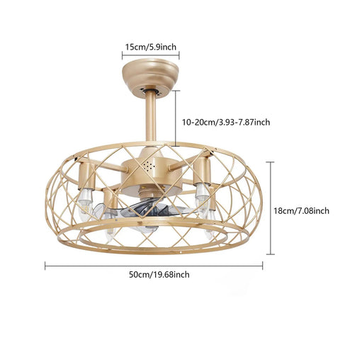 Ceiling Fan with Light Remote 3-Speed Quiet Brushless Motor Timer 50cm shown with dimensions, golden metal design, and adjustable height.