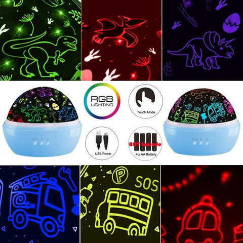 Kid Friendly Dinosaur And Car Night Light With 360 Degree Rotation And Nine Color Change Projector, Projects On Ceiling And Walls