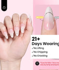 Hema Free Hard Gel Kit 9 in 1 for Nail Extensions and Strengthening, hand with manicured nails, 21+ days wearing