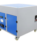 Top Tier Downdraft Table Dust Collector Vacuum For Metalworking Grinding Bench Featuring Badass 3000 Cubic Meters Per Hour Airflow and Multi Stage Industrial Filter That Slays Fine Workshop Dust and Debris Effortlessly, gray unit with blue accents and control panel.