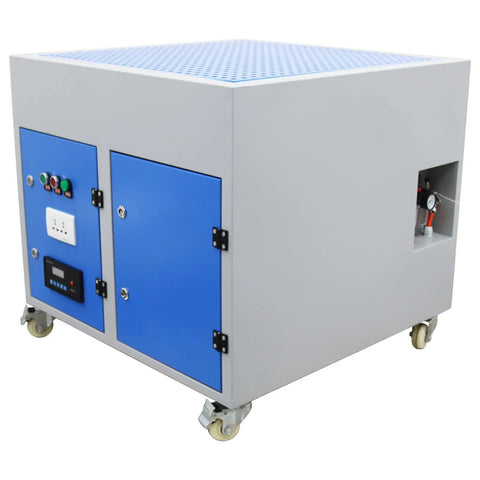 Top Tier Downdraft Table Dust Collector Vacuum For Metalworking Grinding Bench Featuring Badass 3000 Cubic Meters Per Hour Airflow and Multi Stage Industrial Filter That Slays Fine Workshop Dust and Debris Effortlessly, gray unit with blue accents and control panel.