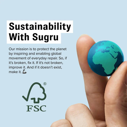 Hand holding small globe next to text 'Sustainability With Sugru' and FSC logo, promoting global repair and creation efforts.