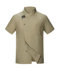 Mens Short Sleeve Chef Coat With Button Front And Breezy Nylon Spandex Fabric Summer Kitchen Uniform Jacket In Classic Khaki Style.