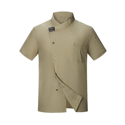 Mens Short Sleeve Chef Coat With Button Front And Breezy Nylon Spandex Fabric Summer Kitchen Uniform Jacket In Classic Khaki Style.