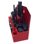 Side view of 1/2 Inch T-Slot Clamping Kit, 58-Piece Milling Machine Fixture Set With Nuts, Bolts, Horns And Gauges in red case