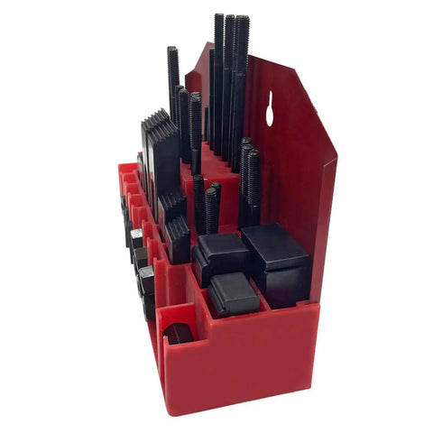 Side view of 1/2 Inch T-Slot Clamping Kit, 58-Piece Milling Machine Fixture Set With Nuts, Bolts, Horns And Gauges in red case