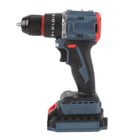 Straight Shooting Cordless Drill Set With Brushless Motor And 25 Sure Fire Torque Settings Running At 1500 Rpm Plus Forward Reverse Gear Switches And Rapid Charge Battery side view with battery and adjustable torque settings.