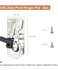 Diagram of No Slam Soft Close Pivot Hinges for cabinets and doors with measurements and screws visible.
