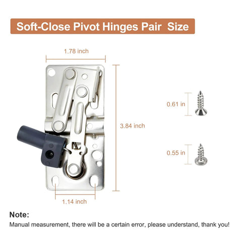 Diagram of No Slam Soft Close Pivot Hinges for cabinets and doors with measurements and screws visible.