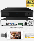 Front and rear view of a 12MP Ultra HD NVR with mobile compatibility illustration, featuring connectivity ports and a smartphone app setup guide.