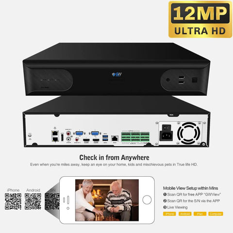 Front and rear view of a 12MP Ultra HD NVR with mobile compatibility illustration, featuring connectivity ports and a smartphone app setup guide.