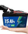 Person holding 12V LiFePO4 Battery With 20A BMS For Ride On Toys And Toy Cars, 15Ah capacity visible.