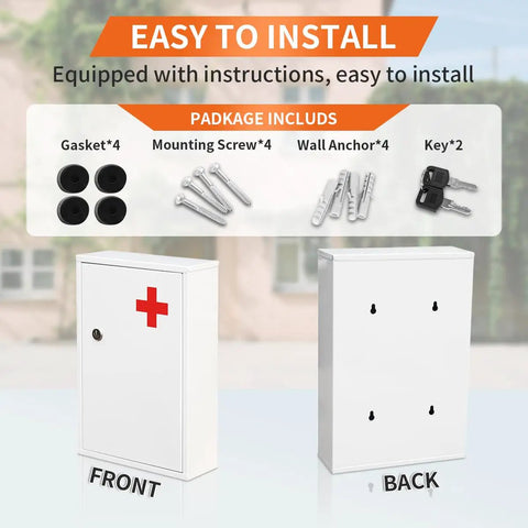 Solid As A Rock Wall Mounted Lockable Medical Cabinet Featuring Dual Tier Keyed Steel Medicine Organizer Secure Large Capacity First Aid Storage For Bathroom And School package contents including gasket, screws, wall anchors, and keys.