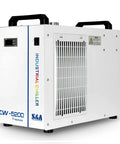 Heavy Duty Workhorse Water Chiller Featuring Seven Liter Tank And Point Nine Horsepower Pump Delivering Bulletproof Five Thousand Six Hundred Ninety Nine BTU Per Hour Cooling For Up To One Fifty Watt Co2 Laser Machines, compact industrial design with control panel.