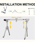 Installation method illustration for Portable Folding Gantry Crane, Heavy Duty Aluminum Alloy Lift Rated For Two Thousand Two Hundred Pounds.