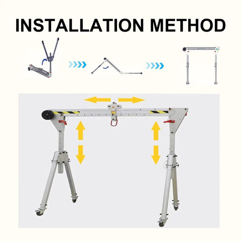 Installation method illustration for Portable Folding Gantry Crane, Heavy Duty Aluminum Alloy Lift Rated For Two Thousand Two Hundred Pounds.