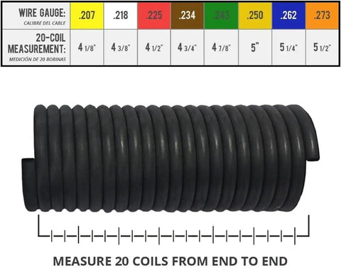 Left Hand Wound Garage Door Torsion Spring 225x2x27 Heavy Duty Beefy Replacement For Right Side with coil measurement chart.