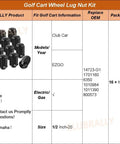 Black Wheel Lug Nut Kit For EZGO And Club Car Golf Carts 1/2-20 Size 16 Pack displayed with OEM and fitment details