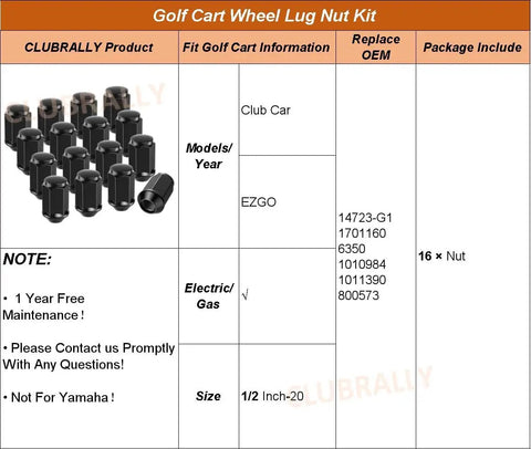 Black Wheel Lug Nut Kit For EZGO And Club Car Golf Carts 1/2-20 Size 16 Pack displayed with OEM and fitment details