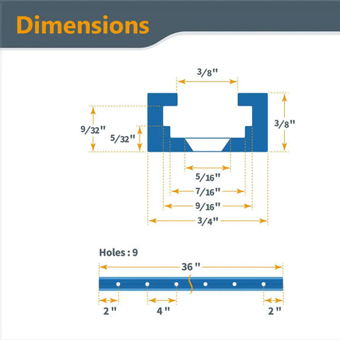 Dimensions diagram for Two 36-Inch Universal T-Track Set With Intersection Kit, showing measurements and pre-drilled holes for woodworking jigs.