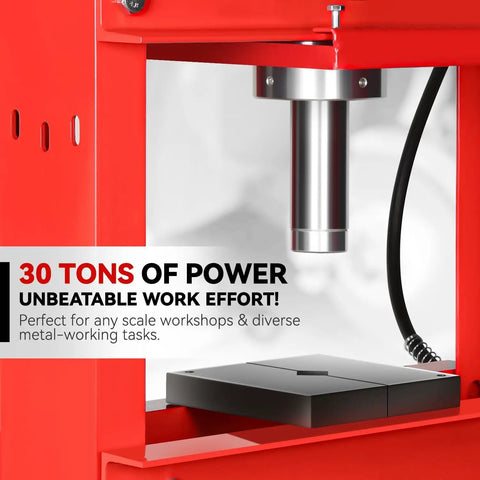 Heavy Duty 30 Ton Hydraulic Shop Press With Movable H Frame Plate For Auto Mechanics And Metal Fabrication solid red and silver hydraulic cylinder.
