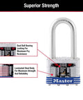 Outdoor Padlock Set With Keys Keyed Alike Long Hardened Shackles diagram showing dual ball bearing locking system and laminated steel body.