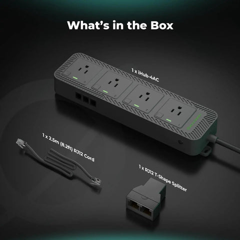 Four Outlet Smart Automation Expansion Module For Indoor Grow Rooms That Plugs Straight Into Your Climate Controller And Gives You Dope Extra Power Ports For Every Setup with RJ12 cord and splitter.
