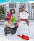 Child building snowman with green shovel from 9 Inch Beach Sand Shovels Set For Kids And Grown Ups, Heavy Duty Solid ABS Spades