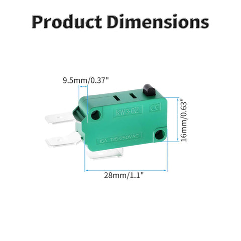 Four Pack KW3-OZ-0 Micro Limit Switches 16A 125VAC/250VAC dimensions 28mm x 9.5mm x 16mm green switch, panel actuated design