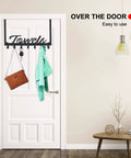 Over The Door Hooks Heavy Duty Towel Rack With Seven Coat Hooks For Bedroom Bathroom Kitchen Pool No Drill Easy Install Rust Resistant Manganese Steel Construction Great For Home Organization And Laundry Storage installed on door with towels and bag.