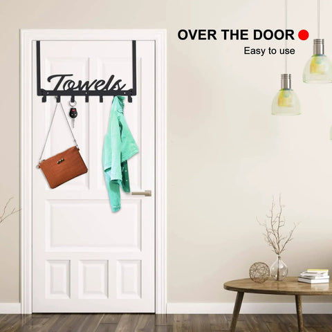Over The Door Hooks Heavy Duty Towel Rack With Seven Coat Hooks For Bedroom Bathroom Kitchen Pool No Drill Easy Install Rust Resistant Manganese Steel Construction Great For Home Organization And Laundry Storage installed on door with towels and bag.