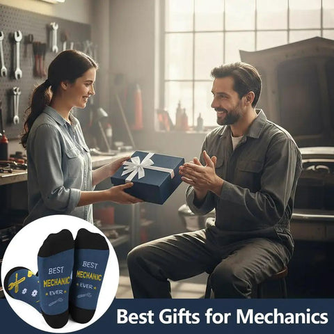 Mechanic Socks Gift Set For Men And Women, Best Car Auto Repair Mechanic Appreciation Gift in workshop setting