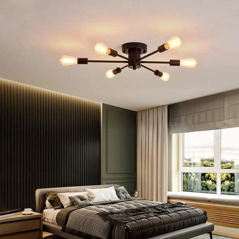 Six Light Sputnik Ceiling Light Dope Matte Black Semi Flush Mount Edison Chandelier Industrial Farmhouse Fixture For Dining Room