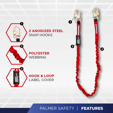 6 Ft Single Leg Safety Lanyard With Internal Shock Absorber And Dual Snap Hooks, OSHA ANSI Compliant Restraint, product features detailed