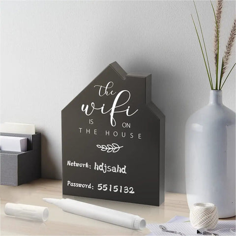 WiFi Password Sign For Home Wooden Tabletop Chalkboard Style House Shaped Sign With Erasable Pen Freestanding Desk Decor in Black