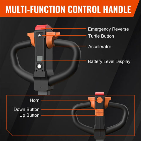 Multi-function control handle of Heavy Duty Electric Pallet Jack Truck With 3300 Lb Capacity And Lithium Ion Battery.