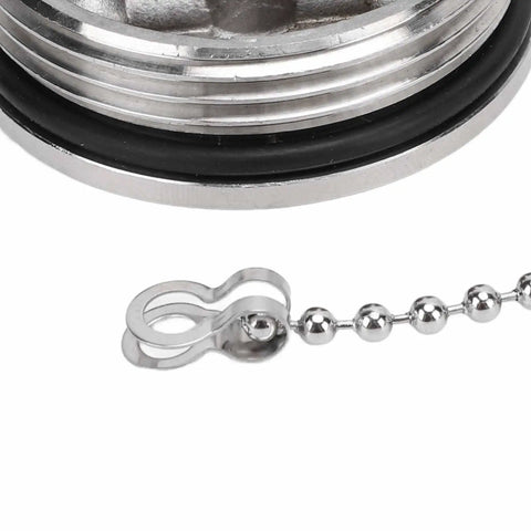 Close-up of chain and gasket of 2 Inch Boat Fuel Tank Cap With Key, 316 stainless steel, rustproof marine hardware for yachts and RVs.