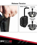 Heavy Duty Self Closing Gate Hinges With Adjustable Spring Tension For Smooth Pool Safety And Kid Proof Latching On Any Square Post Or Aluminum Fence Setup In Black showing tension release tools and mechanism.