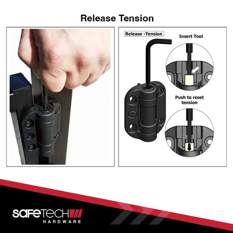 Heavy Duty Self Closing Gate Hinges With Adjustable Spring Tension For Smooth Pool Safety And Kid Proof Latching On Any Square Post Or Aluminum Fence Setup In Black showing tension release tools and mechanism.