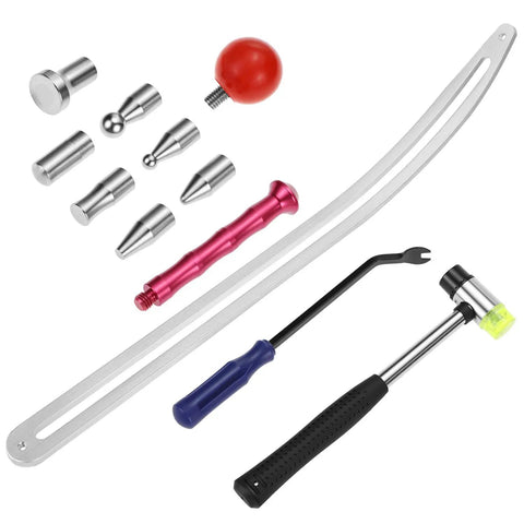 Car Dent Removal Tool Kit for DIY Auto Fender Repair with stainless steel puller, curved rods, rubber mallet, and safety hooks.