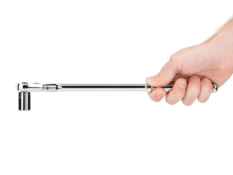 Side view of a hand holding a 3/8 Inch Drive 12 Inch Flex Head Quick Release Long Ratchet With 180 Degree Flex 9 Detent Angles and 90 Tooth Gear.