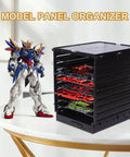 Model Shelf Stand And Plate Organizer For Hobby Kit Builders, Plastic Parts Rack, Tool Storage Caddy For Model Kits And Action Figure Accessories, No Fuss Easy Assembly, PMKJ010 black plastic rack on table with 1/144 model plates