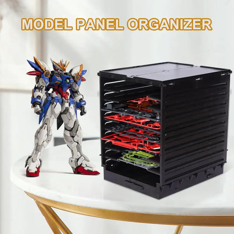 Model Shelf Stand And Plate Organizer For Hobby Kit Builders, Plastic Parts Rack, Tool Storage Caddy For Model Kits And Action Figure Accessories, No Fuss Easy Assembly, PMKJ010 black plastic rack on table with 1/144 model plates