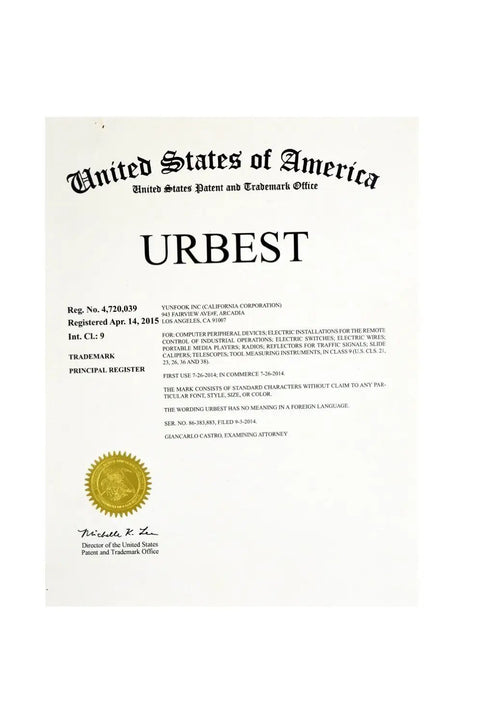Trademark certificate for URBEST by United States Patent and Trademark Office, featuring official seal and signature.