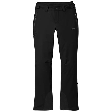 Front view of Cirque II Womens Softshell Pants For All Weather Adventures, black, size large, showing harness-ready waist and scuff guards.